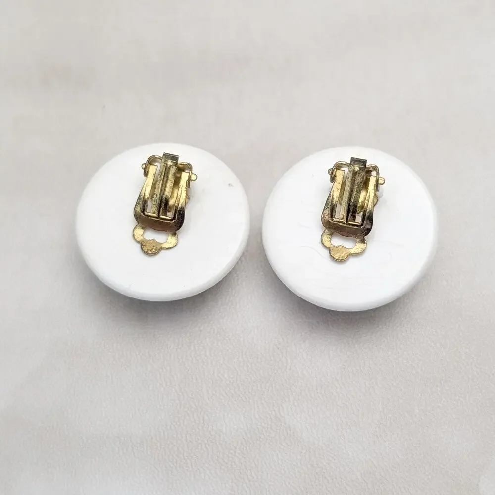 Vintage Clip On Earrings Large Domed Green and White Circle Retro Statement